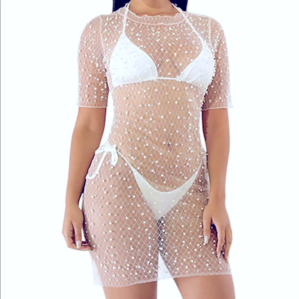 Mesh mini coverup with Pearl embellishment!!